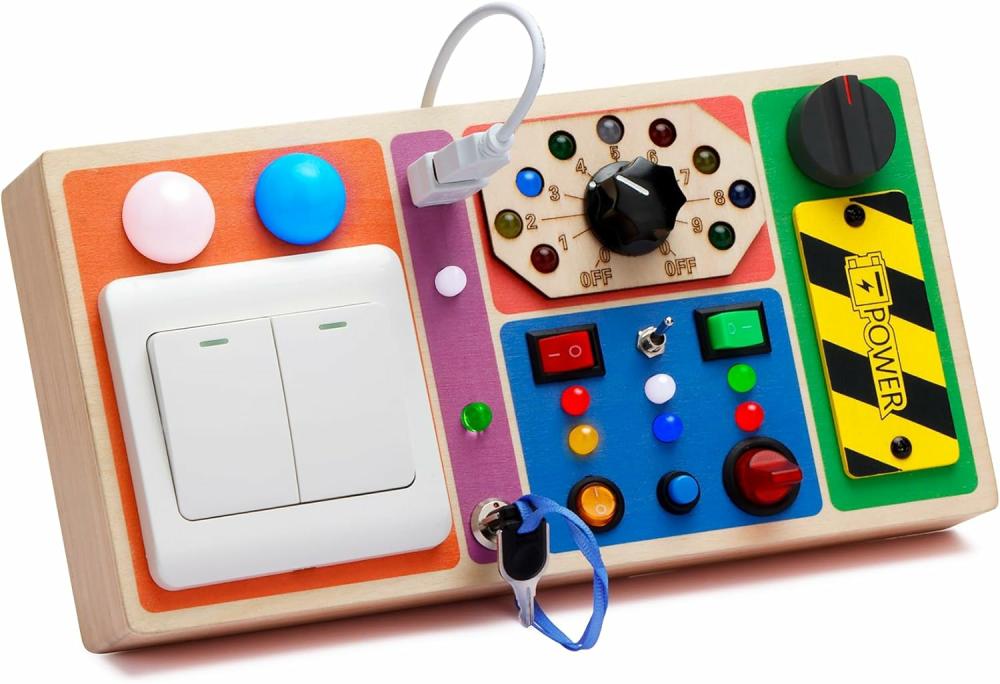 Jouets de tri et d’empilage  | Tableau d’activités Montessori – Tableau sensoriel pour bébés – Pour enfants de 1 à 4 ans – Tableau en bois avec 19 lumières LED – Jouets à interrupteur – Jouet à boutons pour tout-petits – Cadeau de Noël et d’anniversaire pour tout-petit