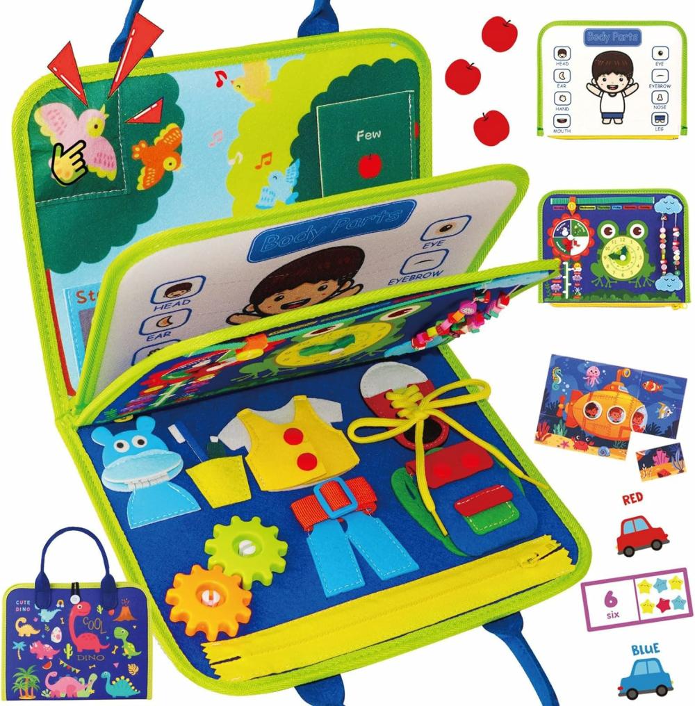 Jouets de tri et d’empilage  | Tableau d’activités pour enfants de 1 à 4 ans – Jouets sensoriels éducatifs Montessori – Livre de voyage silencieux – Avion, voiture – Cadeaux pour garçons et filles – Activités d’apprentissage préscolaire – Développement des compétences motrices fines (Bleu)