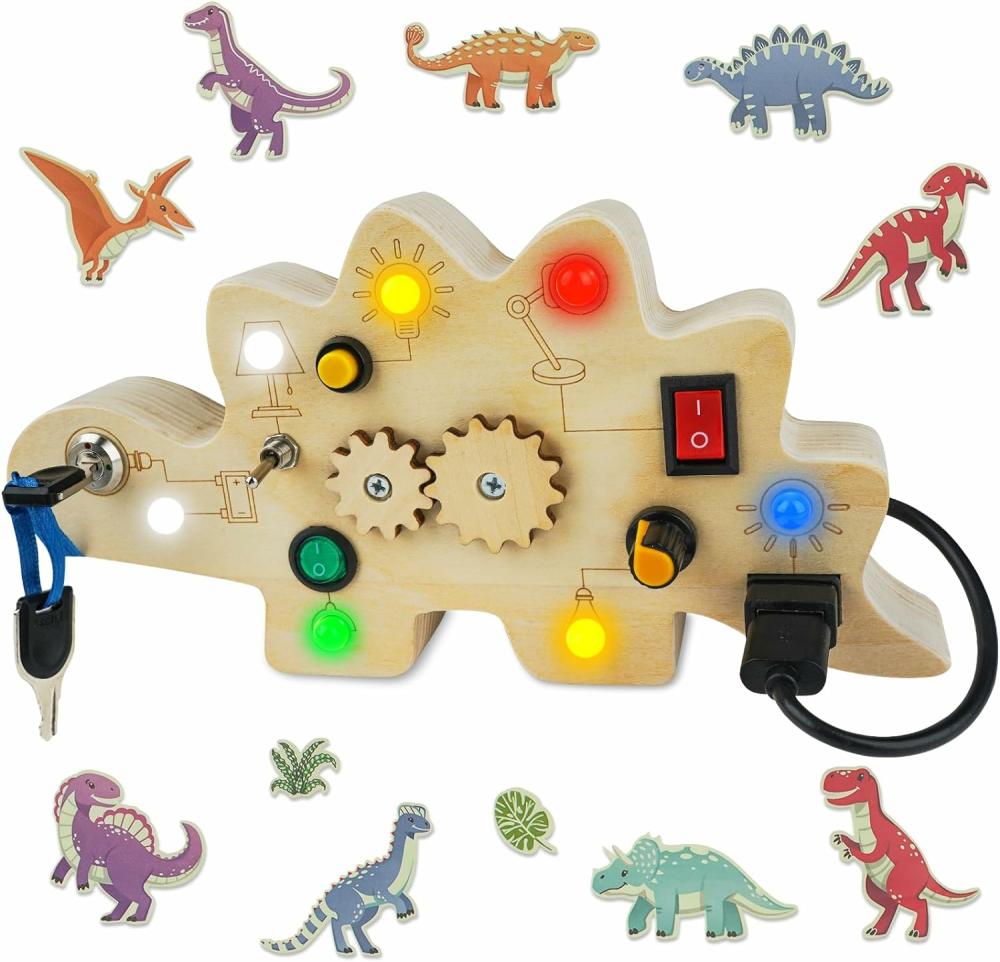 Jouets de tri et d’empilage  | Tableau d’activités pour tout-petits – Jouets Montessori pour bébés de 1 à 3 ans – Tableau en bois avec lumière LED – Jouets sensoriels dinosaures pour tout-petits – Jouets de voyage pour enfants de 1, 2, 3 ans et plus – Cadeau d’anniversaire pour garçon et fille.