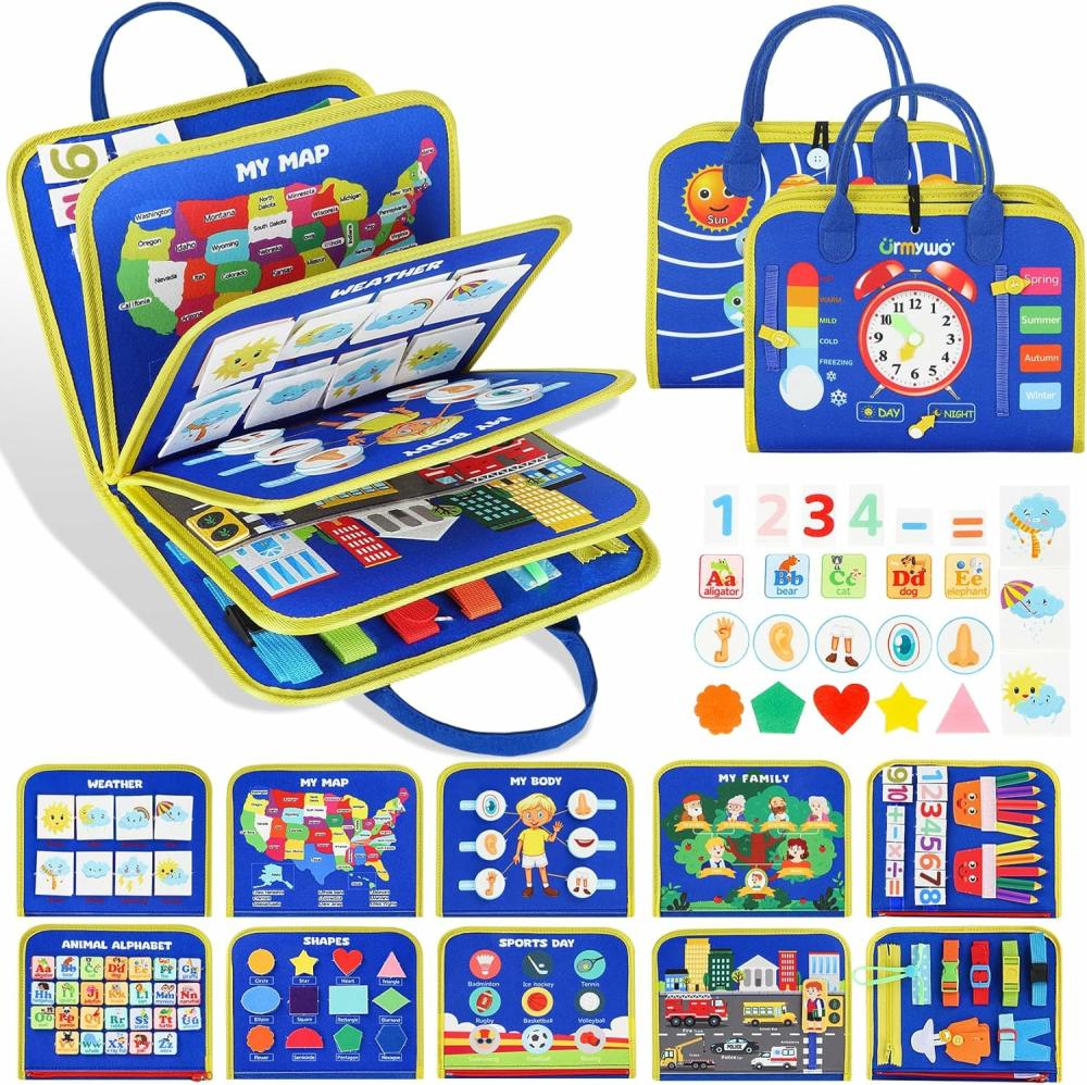 Jouets de tri et d’empilage  | Tableau d’activités pour tout-petits – Jouets Montessori pour enfants de 1 à 4 ans – Livre d’activités préscolaires avec lettres, chiffres et jouets d’animaux – Idées de cadeaux pour les voyages (Bleu, 12 pages)