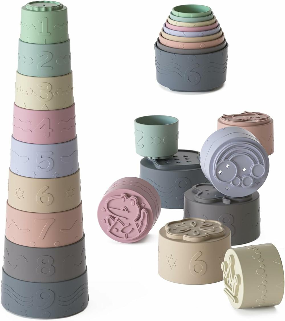 Jouets de tri et d’empilage  | Tasses Empilables pour Bébé – Jouets en Silicone Doux pour la Dentition – Cadeaux de Bain pour Bébé Garçon et Fille de 3, 6, 9, 12, 18 Mois et 1 An – Essentiels pour Nouveau-né – Jouets Sensory Montessori Développementaux – Ensemble de 9 Pièces