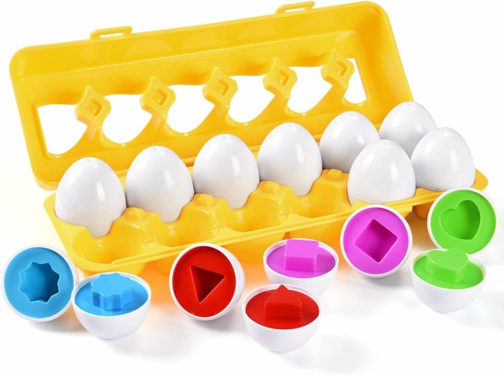 Jouets de tri et d’empilage  | Temps de jeu : Œufs assortis pour tout-petits – 12 œufs assortis avec des formes et des couleurs coordonnées – Jouets Montessori – Jouets éducatifs STEM pour les enfants de 3 ans et plus.