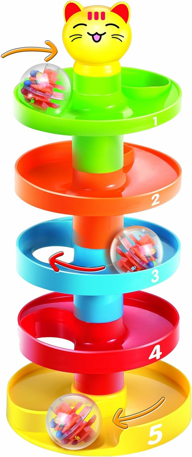 Jouets de tri et d’empilage  | Tour à billes à 5 couches : chute et roulade pour le développement des bébés et des tout-petits | Ensemble de jouets éducatifs avec rampe à billes : comprend 3 balles d’activité en acrylique tournantes avec des perles colorées.