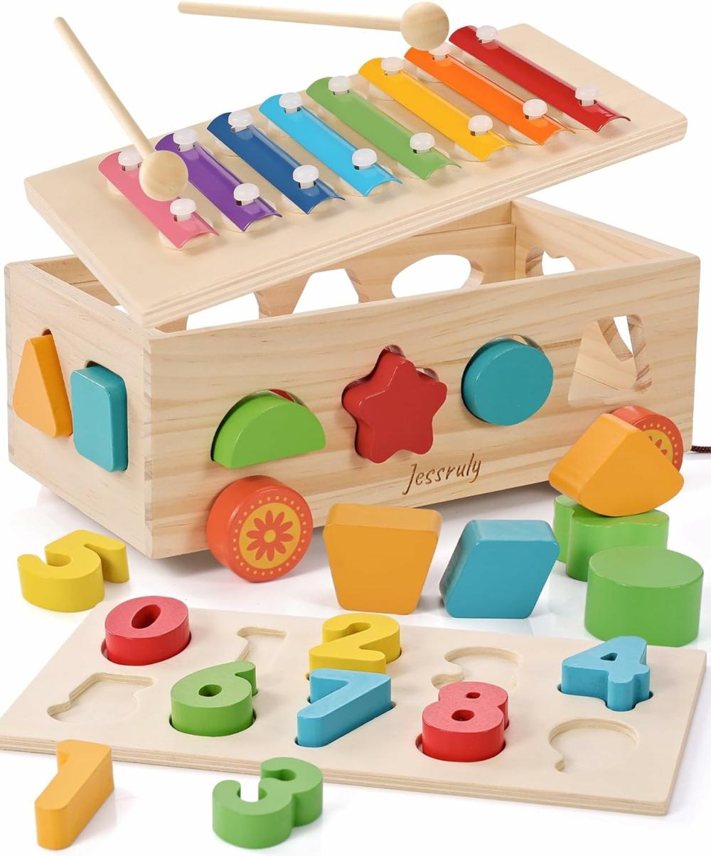 Jouets de tri et d’empilage  | Trier les Formes – Xylophone en Bois et Ensemble de Puzzle Numérique Montessori pour Bébés – Jeu Éducatif de Tri avec Voiture de Rangement pour Tout-Petits