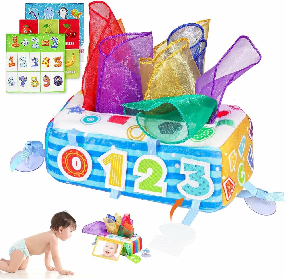 Jouets musicaux  | Boîte à mouchoirs pour bébé Jouet doux Montessori Boîte à mouchoirs Jouets pour bébés de 6 à 12 mois Papier froissé en contraste élevé Écharpes en soie sensorielles Jouets pour garçons et filles de 1 an Cadeaux d’apprentissage précoce