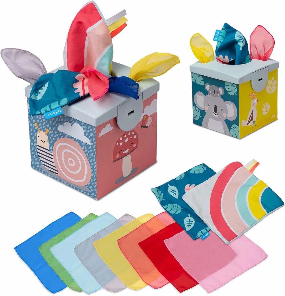 Jouets musicaux  | Boîte à mouchoirs sensorielle en papier froissé pour tout-petits. Jouet Montessori STEM avec des foulards colorés en tissu doux et des couvertures qui crissent.