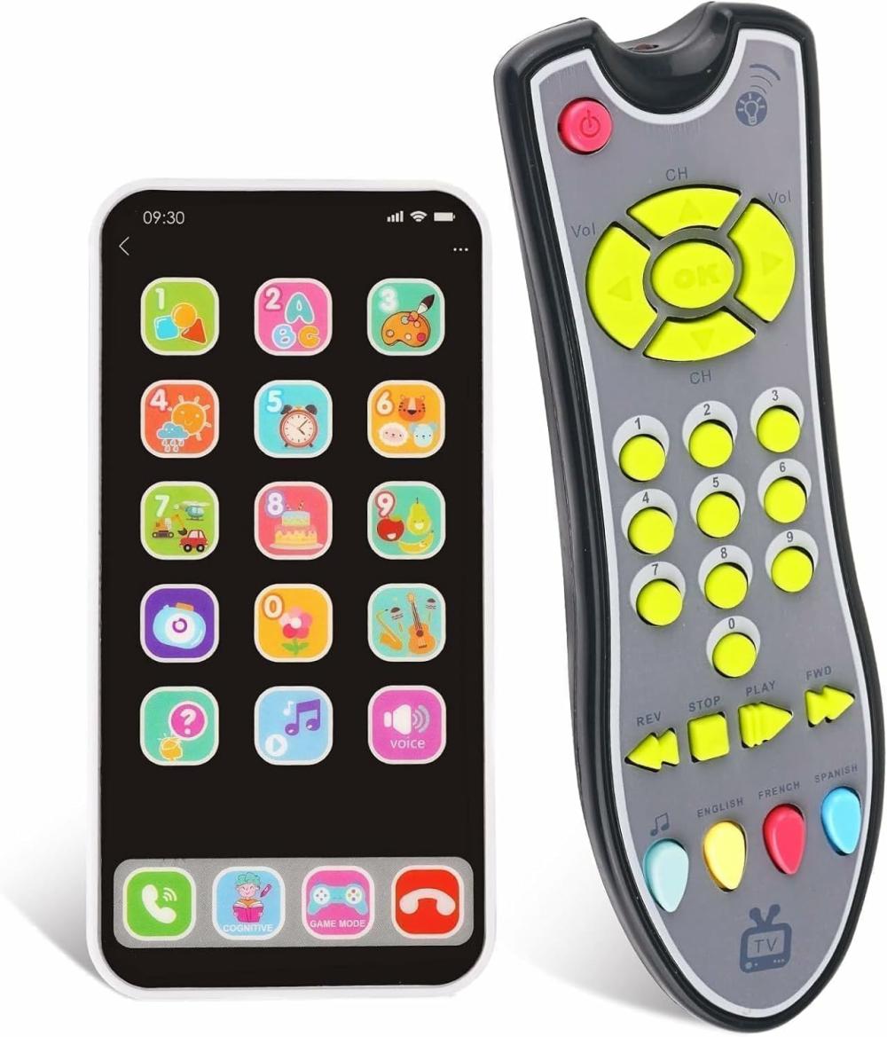 Jouets musicaux  | Jouet de téléphone portable pour bébé et jouet télécommande – Ensemble de jeu – Téléphone pour tout-petits de 1 à 3 ans avec lumière et son – Jouet éducatif musical pour garçons et filles – 3 modes de langue : anglais, français et espagnol.