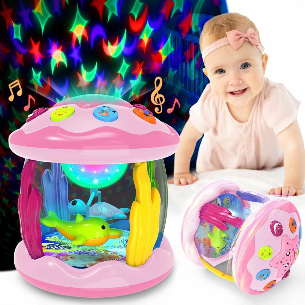 Jouets musicaux  | Jouets pour bébés 6-12 mois – Jouets musicaux lumineux rotatifs, projecteur océan rose pour nourrissons de 9-12-18 mois, apprentissage des compétences visuelles, auditives et de rampement, cadeaux d’anniversaire pour garçons et filles de 1, 2 et 3 ans.