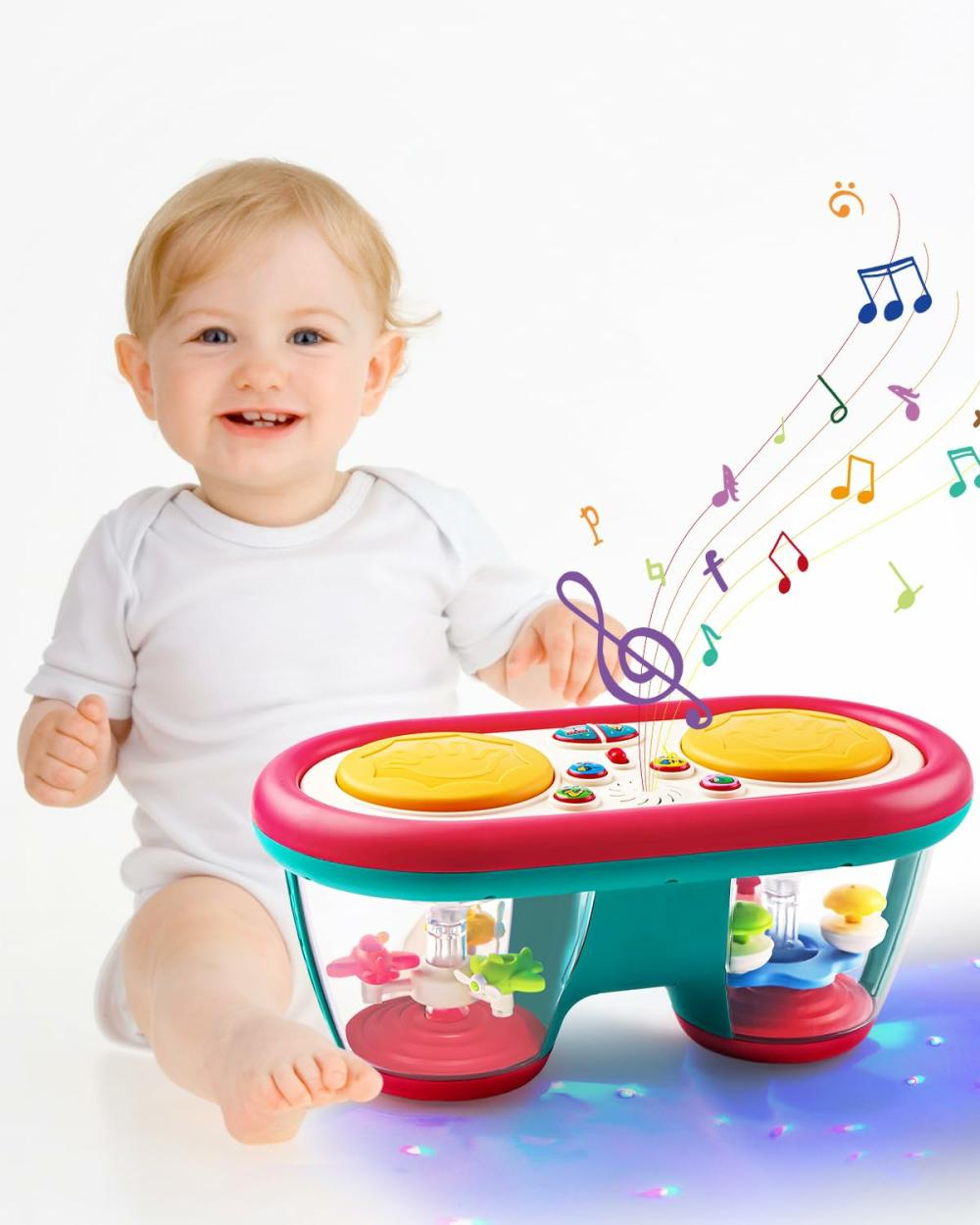 Jouets musicaux  | Jouets pour bébés de 6 à 12 mois, instruments de musique en forme de tambour, jouets lumineux rotatifs pour enfants de 12 à 18 mois, jouets pour le temps sur le ventre pour bébés de 0 à 3-6-9 mois, trotteur pour bébé garçon ou fille, jouets pour 1 an (bleu).