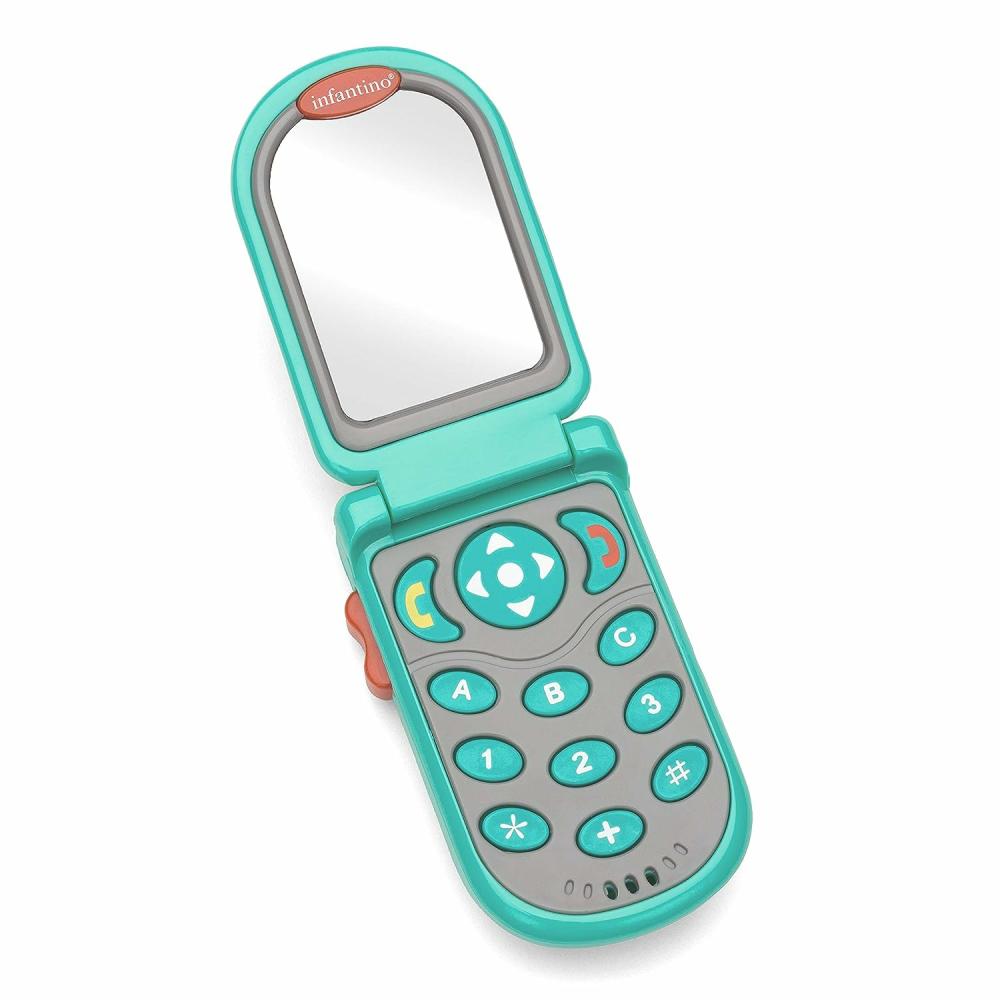 Jouets musicaux  | Téléphone amusant Flip And Peek : Bilingue avec 3 phrases en anglais et 3 phrases en espagnol, effets sonores pour l’engagement, miroir Peek A Boo à l’intérieur, 2 couleurs, à partir de 3 mois, couleur turquoise, 1 unité (pack de 1)