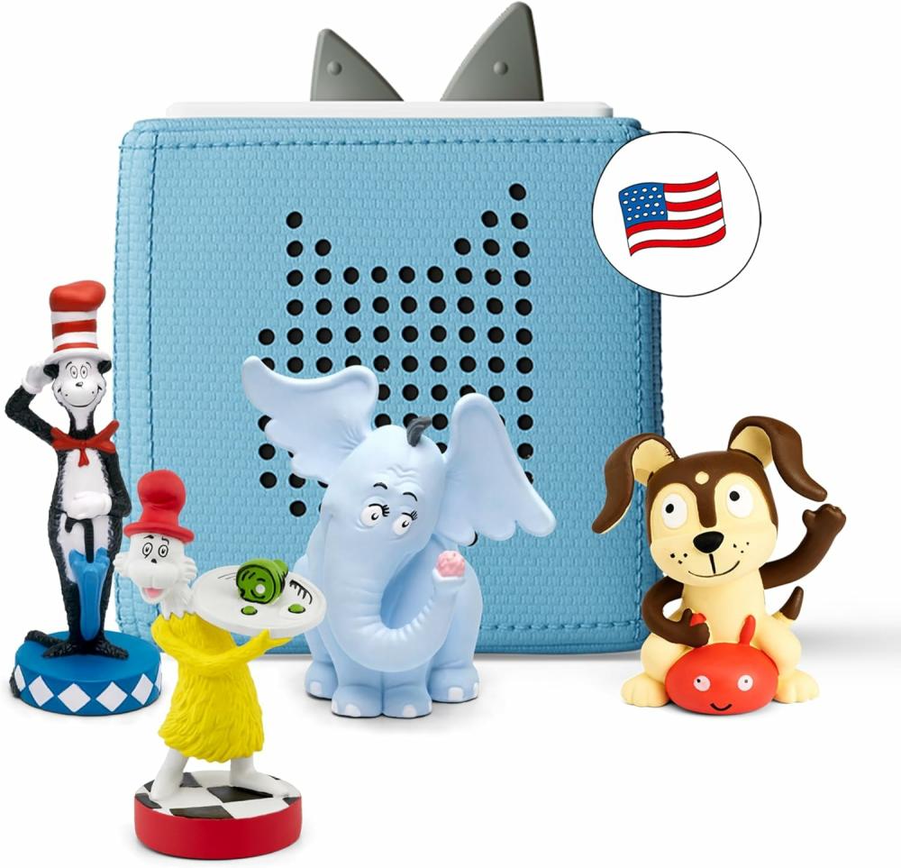 Jouets musicaux  | Toniebox Ensemble de Démarrage Lecteur Audio avec Sam-L-Am, Horton Entend un Who !, Le Chat Chapeauté et Chiot de Jeu – Écoutez, Apprenez et Jouez avec une Petite Boîte Câline – Bleu Clair