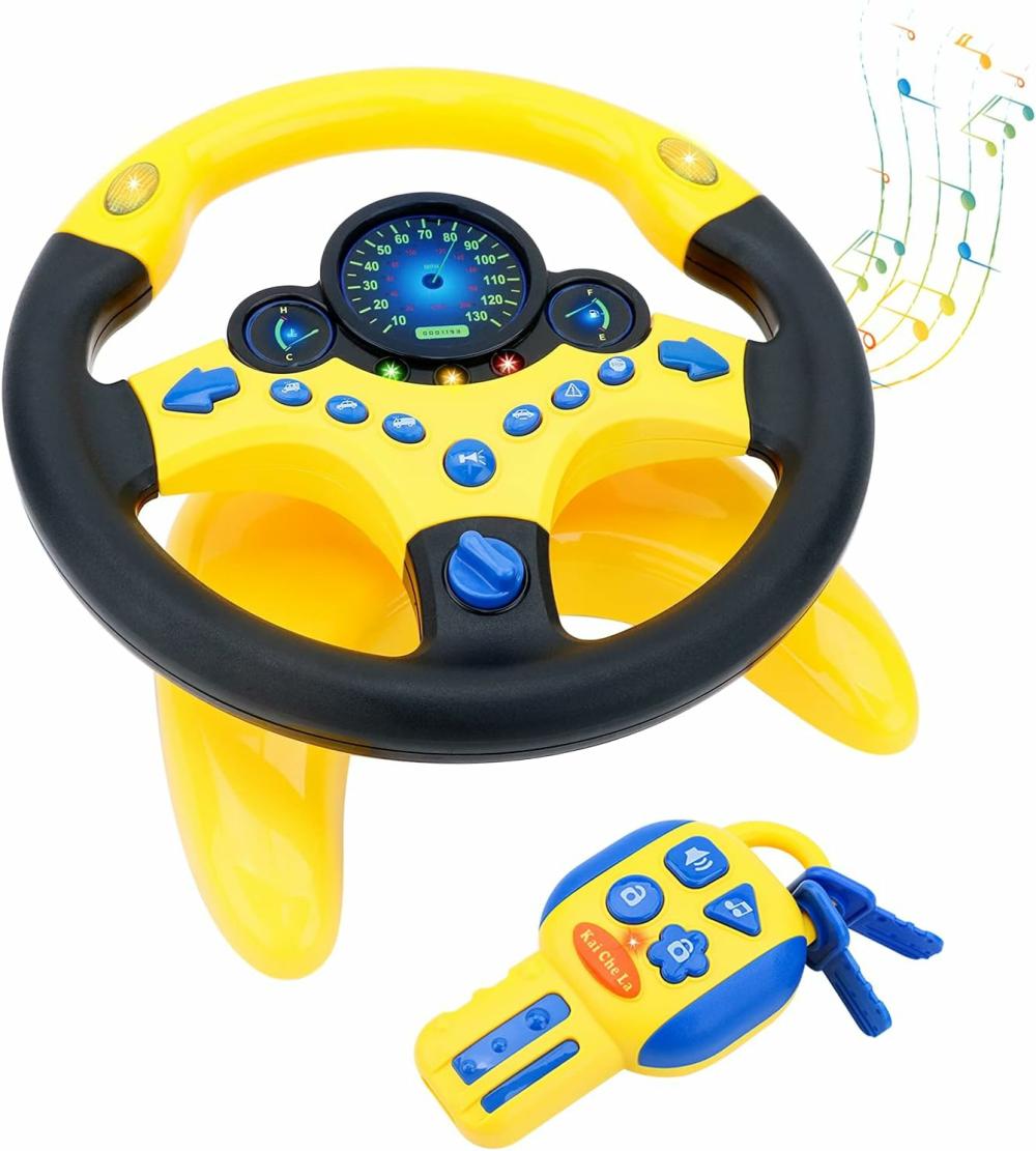 Jouets musicaux  | Volant pour enfants pour la banquette arrière avec clé de voiture, jouet de simulation de conduite avec volant lumineux et musical, cadeaux pour enfants (Jaune)