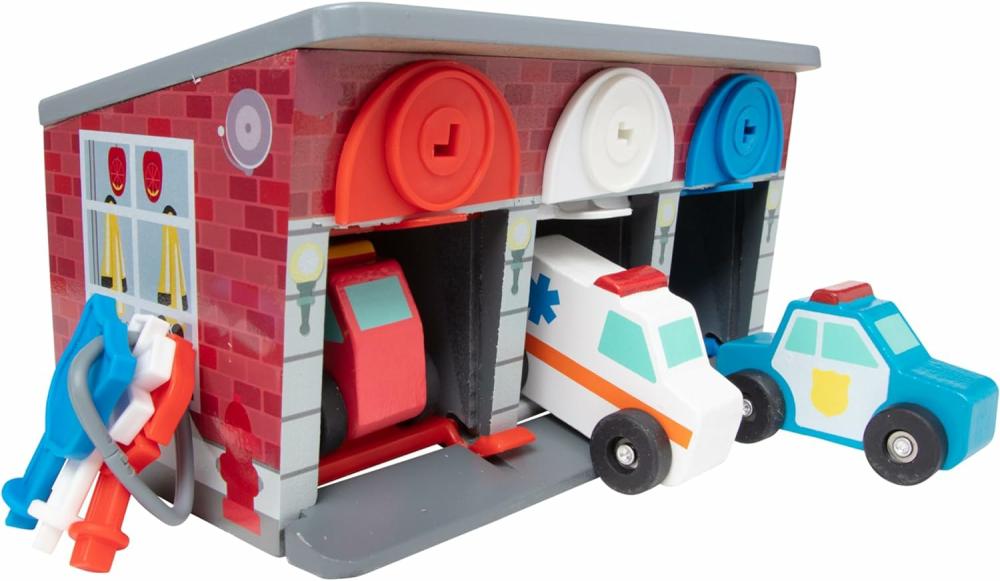 Jouets pour bébés et tout-petits  | Clés et voitures en bois véhicules de secours et garage (7 pièces) rouge pour enfants de 36 à 72 mois