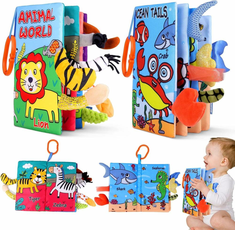 Jouets pour siège auto et poussette  | 2 pièces de livres en tissu doux pour bébés de 0 à 6 mois, livres crinkle pour bébés, livres sensoriels à toucher et à sentir pour nourrissons de 0, 3, 6, 12 et 18 mois, jouets pour le temps sur le ventre, essentiels pour poussettes, cadeaux de naissance pour garçons et filles.