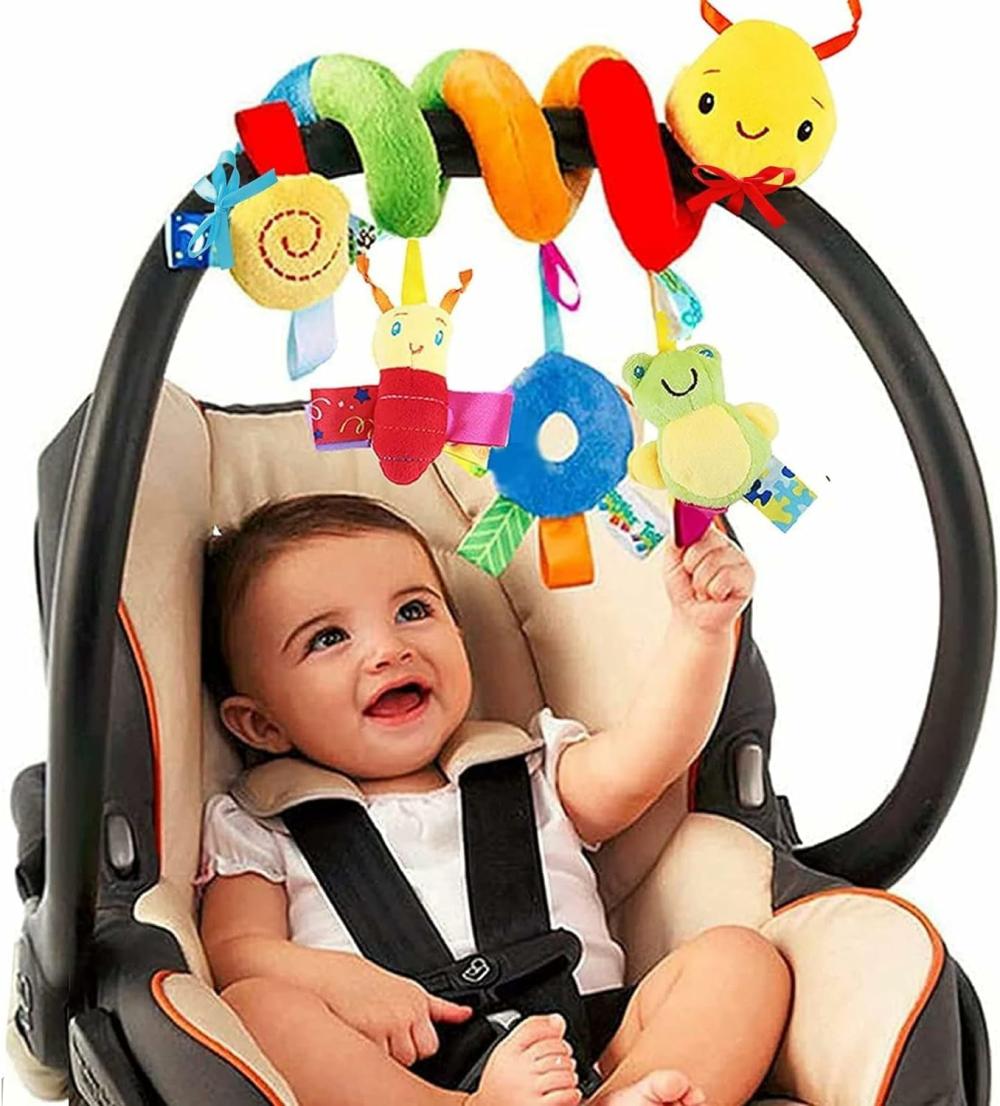 Jouets pour siège auto et poussette  | Jouet d’activité pour siège auto et poussette en spirale – Jouets sensoriels pour bébés, jouets suspendus doux pour bébés de 0 à 12 mois, garçons et filles, siège auto, lit de bébé, poussette avec cloche qui tinte et musique.