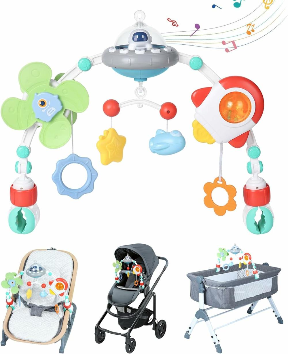 Jouets pour siège auto et poussette  | Jouet d’arc pour poussette avec boîte musicale, jouet de dentition sensoriel détachable, jouets Montessori pour poussette, lit de bébé, transat et siège auto, jouet d’activité pour bébé de 0 à 12 mois.