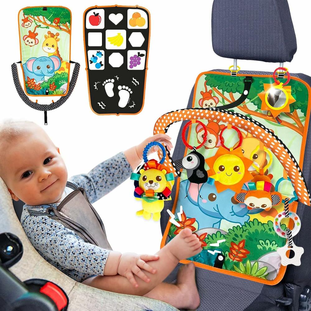 Jouets pour siège auto et poussette  | Jouet de siège auto pour bébé avec musique, miroir et animaux – Activités de voyage portables pour nourrissons et jouets sensoriels pour poussettes