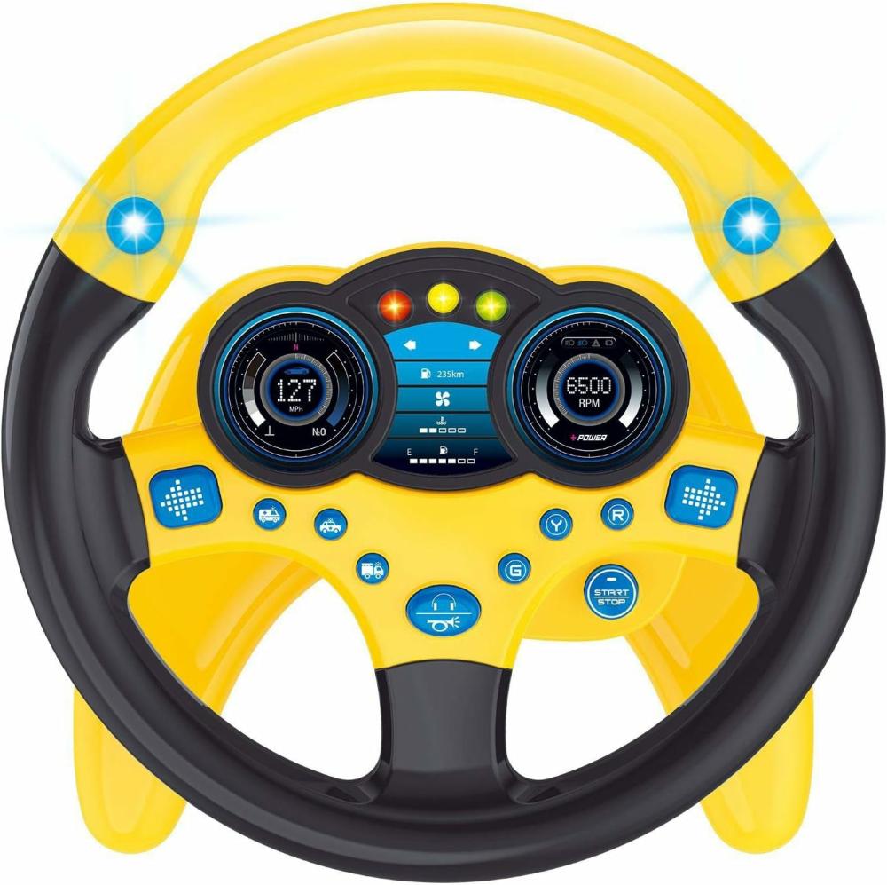 Jouets pour siège auto et poussette  | Jouet volant pour bébé – Volant pour enfants pour la banquette arrière de la voiture avec une variété d’effets sonores de voiture pour développer les compétences auditives de bébé. (Jaune)