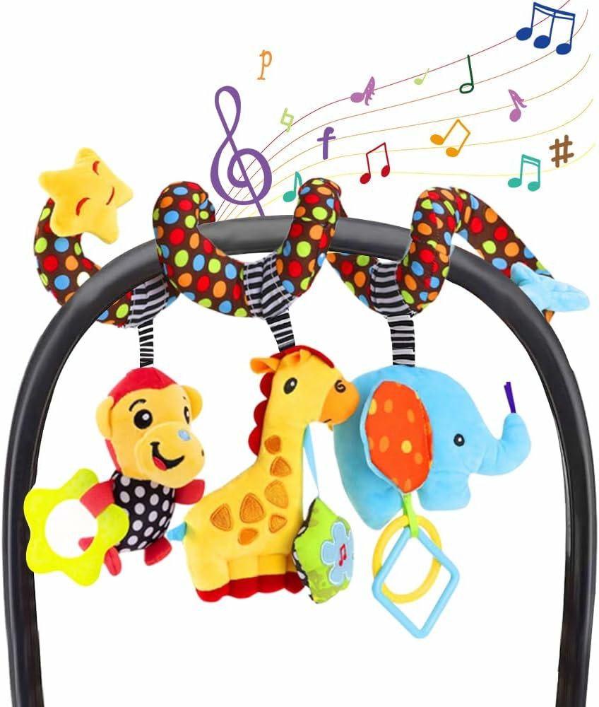 Jouets pour siège auto et poussette  | Jouets de siège auto, jouet de poussette, jouets suspendus en spirale pour bébé pour l’exploration sensorielle, jouets pour nouveau-nés de 0 à 12 mois pour siège auto, poussette, berceau, mobile avec boîte à musique, hochet à couineur.