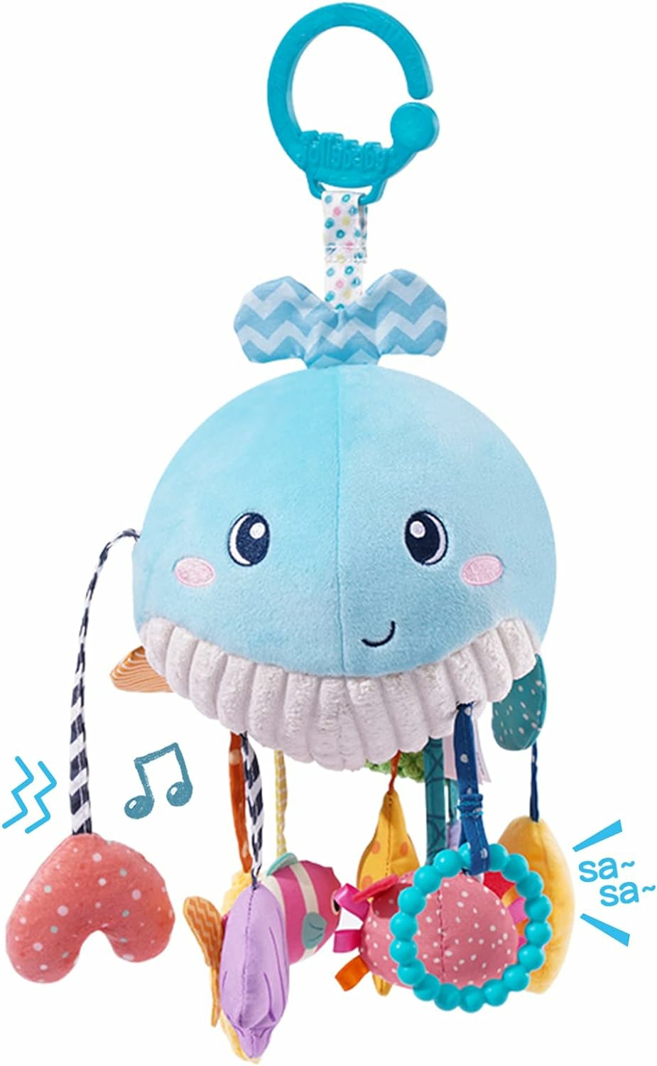 Jouets pour siège auto et poussette  | Jouets pour bébés 0-6-12-18 mois pour poussette, lit de bébé, tapis d’éveil ou siège auto. Jouet suspendu en peluche en forme de baleine avec attache, hochet et siffleur. Jouets sensoriels Montessori pour tout-petits. Cadeaux pour bébés garçons et filles.