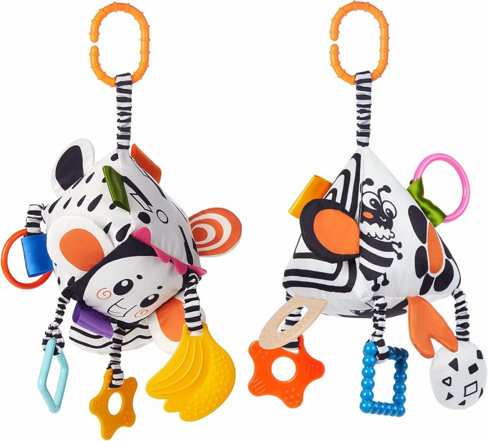 Jouets pour siège auto et poussette  | Jouets pour bébés à fort contraste – Jouets noirs et blancs pour nourrissons de 0 à 3 mois – Hochets sensoriels doux avec anneau de dentition pour tout-petits.