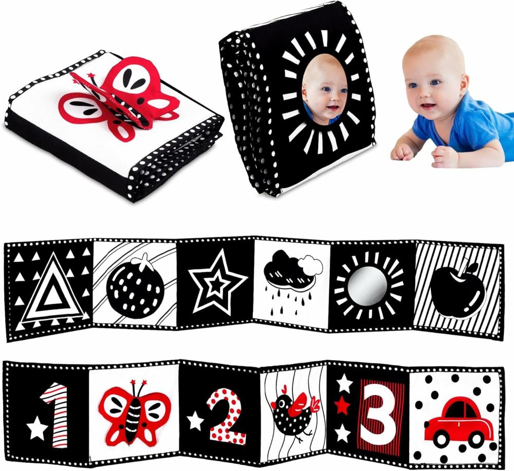 Jouets pour siège auto et poussette  | Jouets pour bébés en noir et blanc à fort contraste – Jouets pour nouveau-nés de 0 à 3 mois pour le développement cérébral – Livres en tissu doux pour le temps sur le ventre – Jouets sensoriels Montessori pour nourrissons de 0 à 6 et 12 mois – Cadeaux pour bébés garçons et filles.