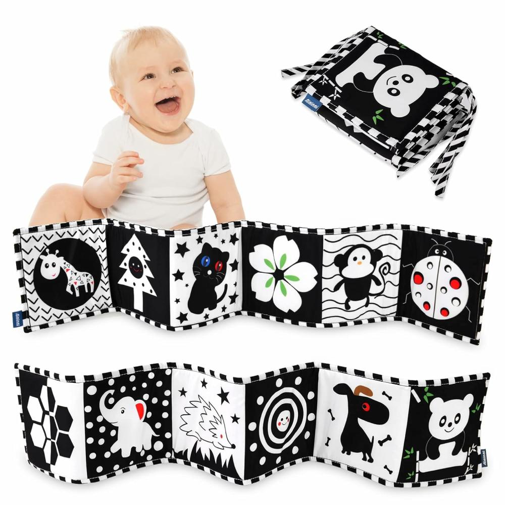 Jouets pour siège auto et poussette  | Jouets pour bébés en noir et blanc – Livre pour bébés à fort contraste pour nouveau-nés 0-3 mois et 3-6 mois – Jouets pour le ventre des nourrissons – Jouets sensoriels pour l’éducation précoce – Livre en tissu pliable pour la stimulation visuelle pour garçons et filles.