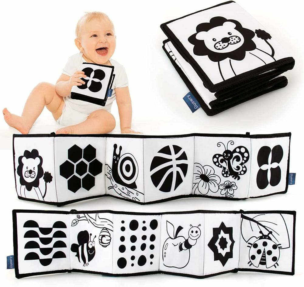 Jouets pour siège auto et poussette  | Mon Premier Livre Doux en Noir et Blanc à Fort Contraste – Jouets pour le Temps Sur le Ventre des Nourrissons – Cartes pour Bébé en Noir et Blanc – Livre en Tissu Éducatif Pliable Adapté aux Garçons et Filles Tout-Petits