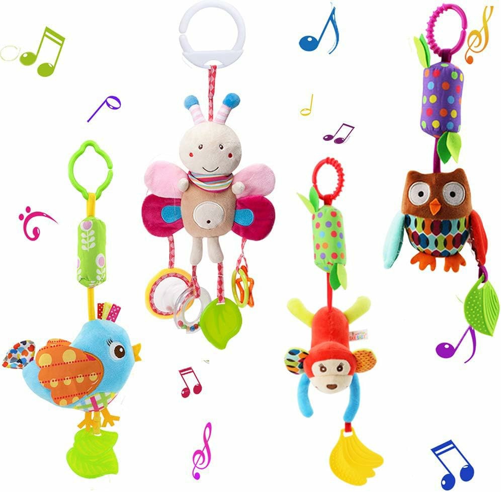 Jouets pour siège auto et poussette  | Set de 4 Jouets de Poussette pour Bébé – Jouets Musicaux Sensoriels – Hochets Doux Suspendus – Jouets d’Activité en Peluche pour Lit et Siège Auto – Pour Bébé Garçon et Fille