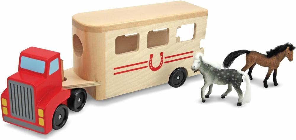 Jouets pour siège auto et poussette  | Set de jeu véhicule en bois transporteur de chevaux avec 2 chevaux en peluche et rampe escamotable – Figurines de chevaux, jouet remorque à chevaux en bois pour enfants à partir de 3 ans