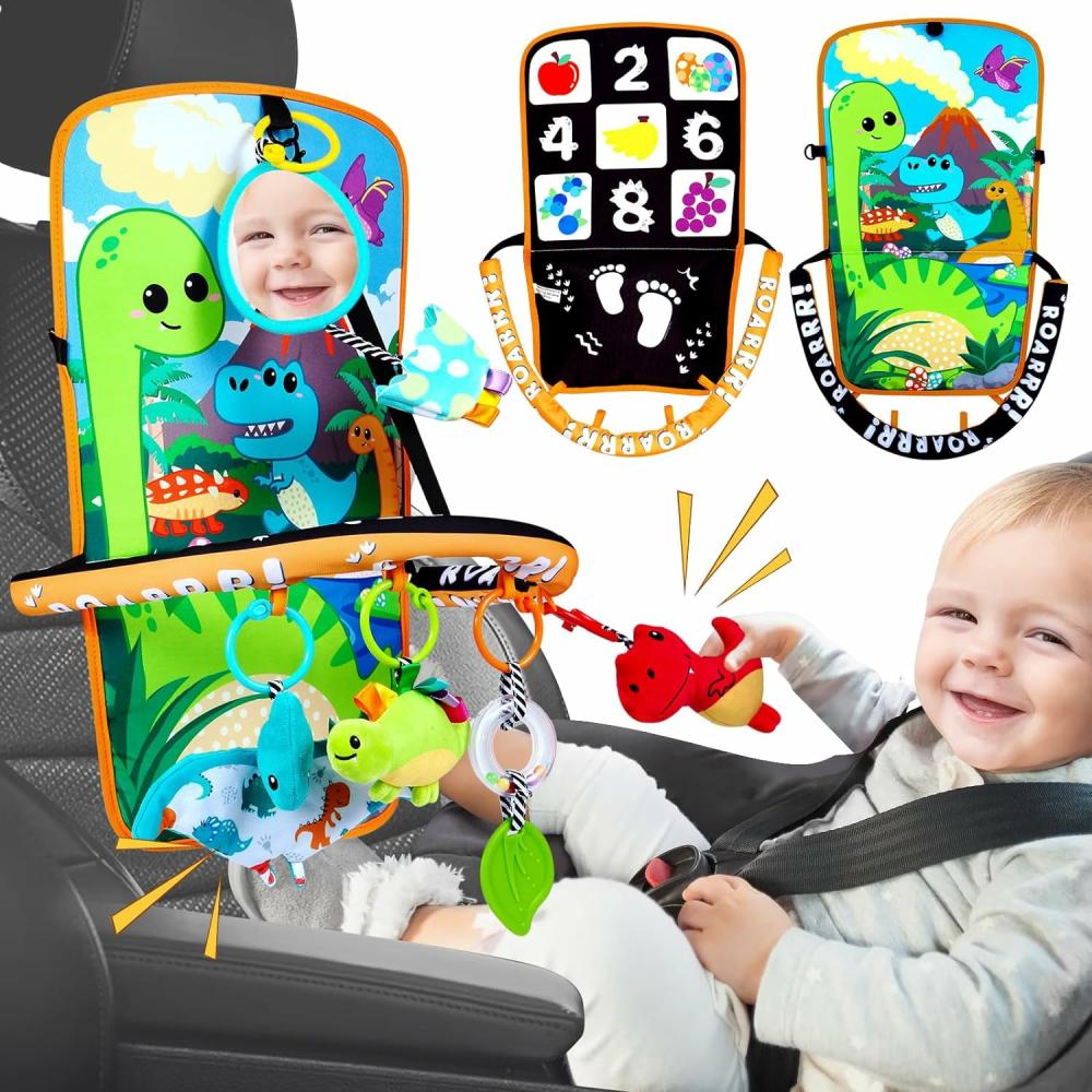 Jouets pour siège auto et poussette  | Siège auto pour bébé avec jouets dinosaures – Jouets de siège auto pour nourrissons double face Kick And Play avec jouets en peluche, miroir et anneau de dentition pour bébé, activités de voyage pour bébé, cadeaux de Noël et d’anniversaire, jouets pour nouveau-nés et nourrissons.