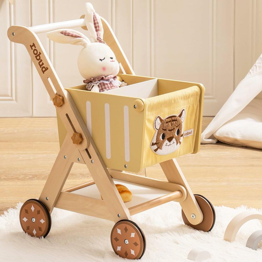 Marcheurs  | Poussette Poussoir en Bois pour Bébé, Chariot de Shopping en Bois pour Filles et Garçons, Pousseur en Bois Ajustable en Hauteur pour Enfants et Tout-Petits, Jouets Pousseurs d’Apprentissage pour Bébé de 10 Mois à 1 An