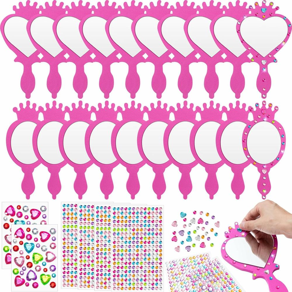 Miroirs  | 20 pièces Miroir incassable pour enfants à décorer soi-même – Miroirs de princesse, miroirs de sirène, miroirs en mousse pour petites créations, décorations de fête de princesse (Rose)