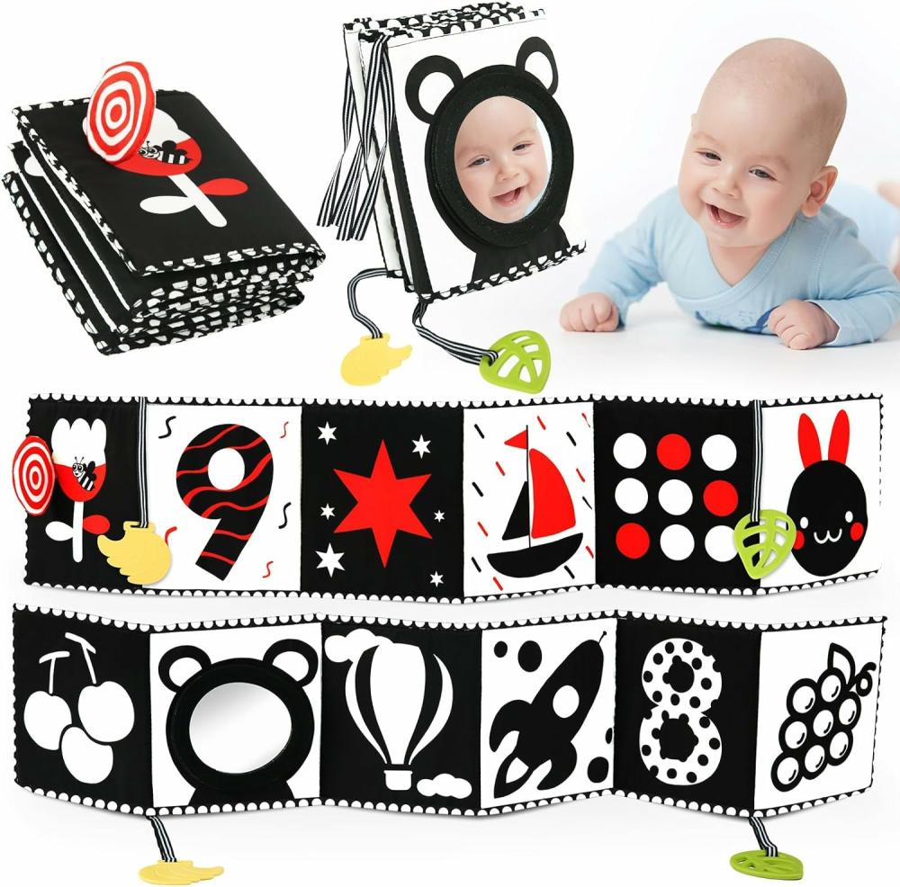 Miroirs  | Jouets de livre pour bébé noir et blanc 0 3 6 12 mois, cartes douces à contraste élevé, jouets sensoriels, essentiels pour nouveau-nés, indispensables au développement cérébral, jouets miroir pour le temps sur le ventre, jouets en tissu froissé, livres Montessori pour la dentition.