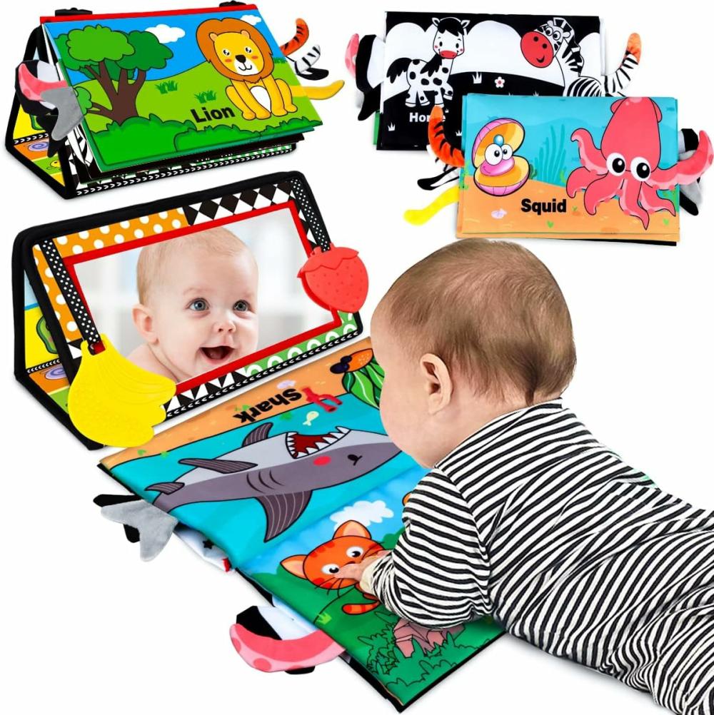 Miroirs  | Jouets pour bébés de 0 à 6 mois – Miroir de temps sur le ventre avec livres en tissu et hochets – Jouets Montessori pour nourrissons de 0, 3, 6, 9 mois – Jouet sensoriel à fort contraste pour nouveau-nés, cadeau pour bébés garçons et filles