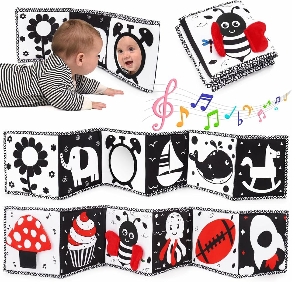 Miroirs  | Jouets pour bébés en noir et blanc à fort contraste 0-6-12 mois, livres sensoriels doux, jouets pour nouveau-nés 0-3 mois, jouets Montessori pour le temps sur le ventre, développement cérébral des bébés, essentiels pour bébés, miroir de livre pour nourrissons, cadeaux de douche.