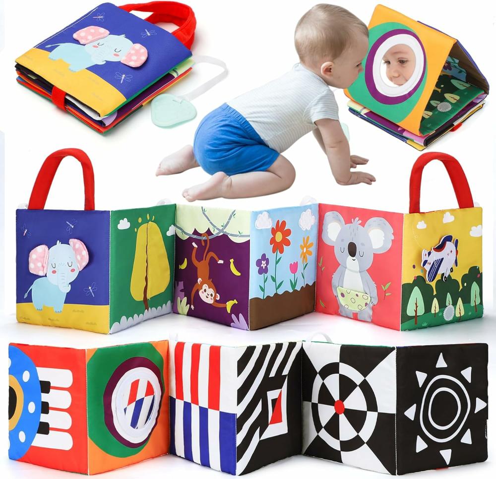 Miroirs  | Livres pour bébés 0-6 mois, jouets pour nouveau-nés, jouets pour bébés en contraste élevé avec miroir et anneau de dentition, jouets pour bébés 3-6-12 mois, jouets pour nourrissons 0-3 mois, jouet pour le temps sur le ventre, livre sensoriel doux au toucher, jouet de lit, cadeau de douche.