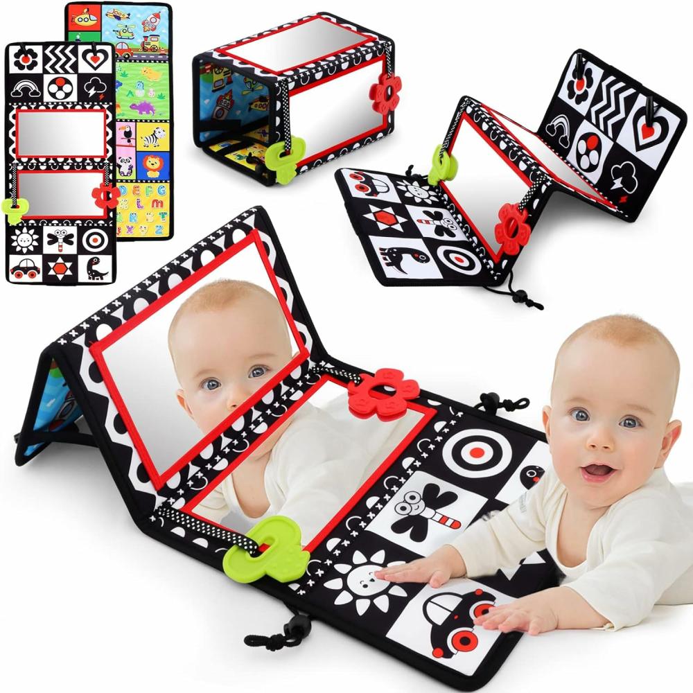 Miroirs  | Miroir de sol Tummy Time avec hochets – Miroir pour bébé double face noir et blanc – Jouets pour bébés à fort contraste – Jouets Montessori pour bébés – Développement de la motricité pour nouveau-nés – Jouets sensoriels pour nourrissons (A-Miroir)