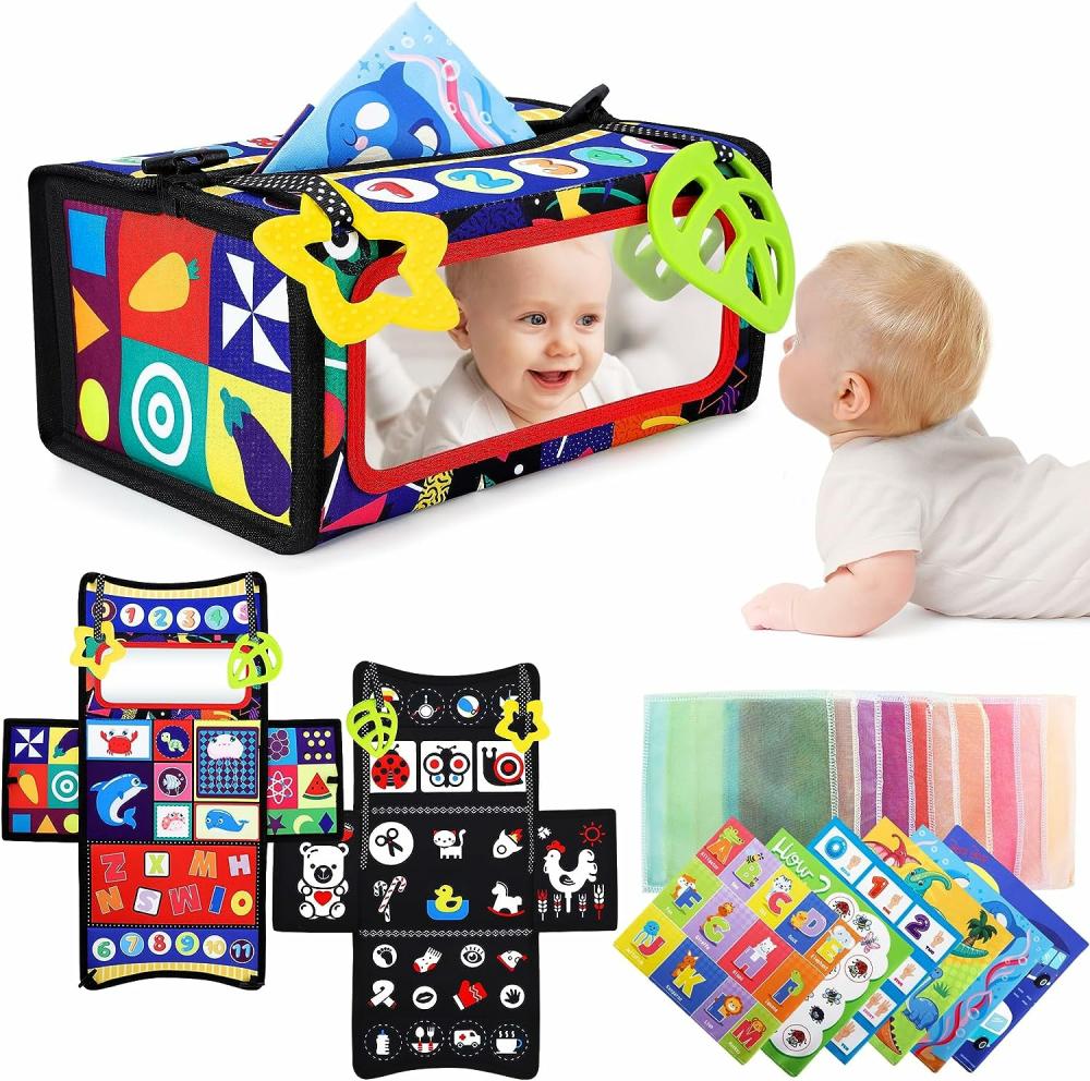 Miroirs  | Miroir de Temps sur le Ventre Jouets 3 en 1 Jouets pour Bébé 0-6 6-12 Mois Nouveau-né Infant Sensory Jouets Montessori avec Écharpes en Soie Colorées et Anneaux de Dentition Boîte à Tissues en Noir et Blanc Activité Cadeau