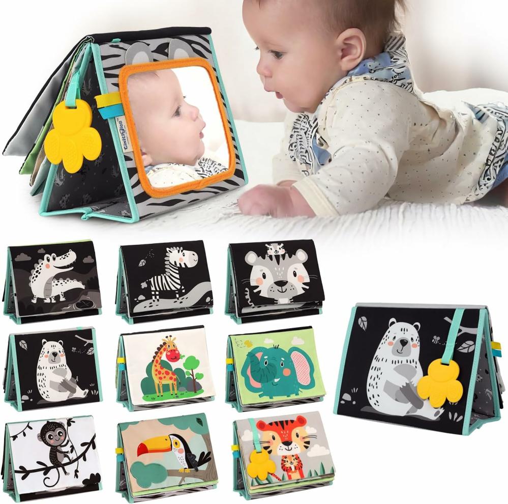 Miroirs  | Miroir de Tummy Time pour Bébés – Livre à Fort Contraste avec Grand Miroir Sûr pour Bébé & Anneau de Dentition en Silicone & Pages Craquantes – Jouets Idéaux pour Tummy Time pour Bébés de 0 à 3, 6, 9 Mois