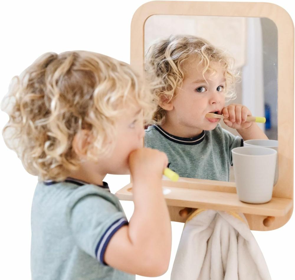 Miroirs  | Miroir mural en bois et acrylique Montessori avec crochets pour tout-petits – Miroir d’entrée avec crochets et étagère organisatrice pour station de soins personnels