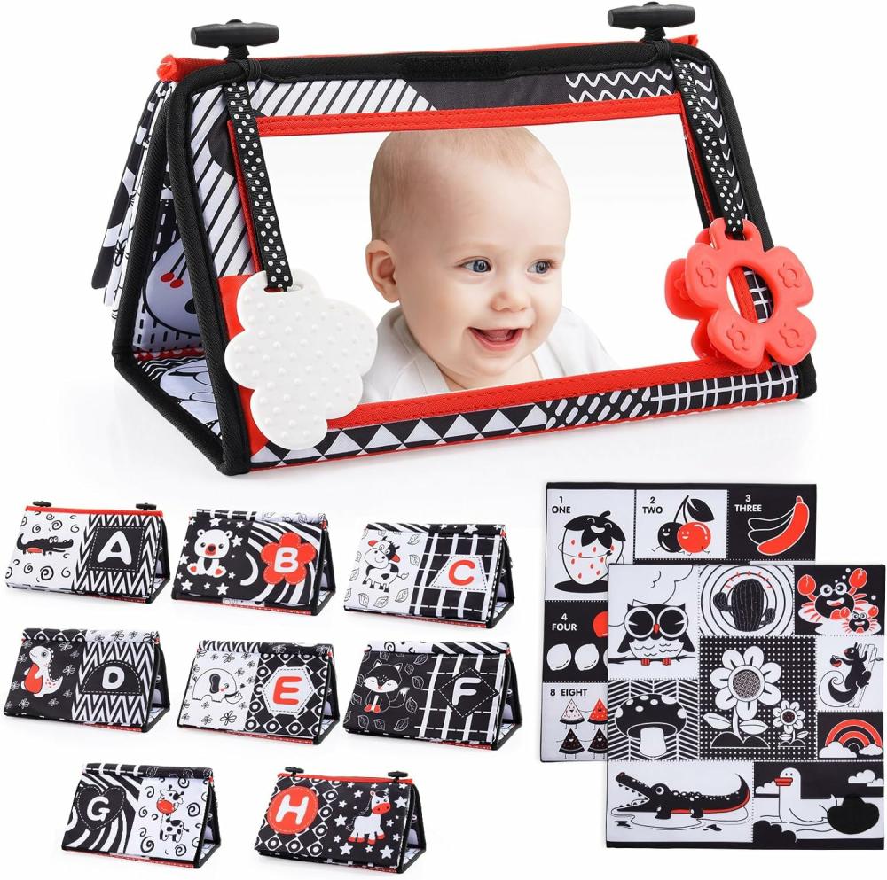 Miroirs  | Miroir pour bébé Tummy Time : Miroir noir et blanc à fort contraste 3 en 1 avec livre et tapis, jouet Montessori pour nouveau-nés de 0 à 12 mois, cadeaux pour garçons et filles, jouet sensoriel pour nourrissons de 0 à 6 mois.