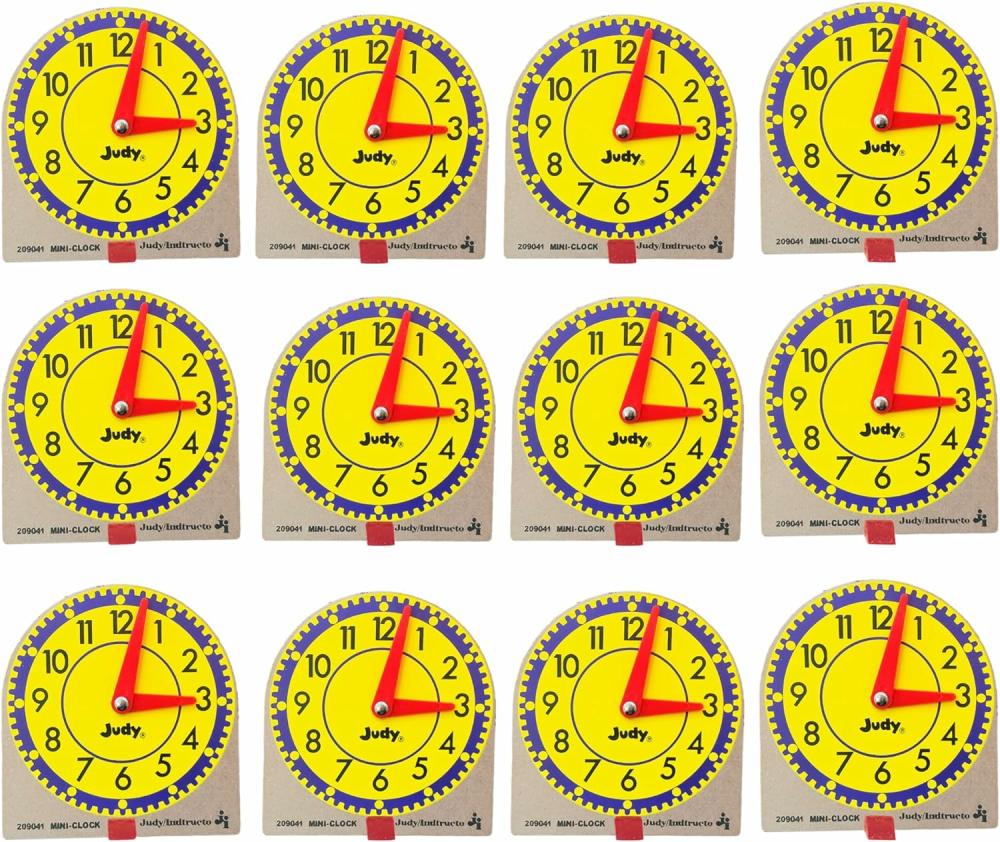 Montres pédagogiques  | Carson Dellosa Mini Horloge Judy – Ensemble de 12 Horloges Mini Judy – Horloges d’Apprentissage pour Indiquer l’Heure – 4″ X 4″ – Outils Manipulables pour Enseigner l’Heure aux Enfants – Maternelle, 1ère, 2ème et 3ème Année.