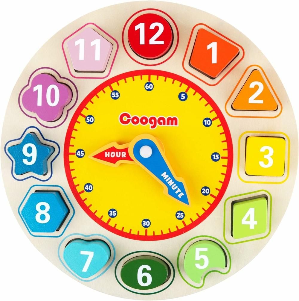 Montres pédagogiques  | Horloge en bois de tri de formes et de couleurs – Puzzle éducatif de blocs de chiffres pour apprendre l’heure, empilable et à trier, jouet Montessori d’apprentissage précoce, cadeau pour les enfants d’un an.