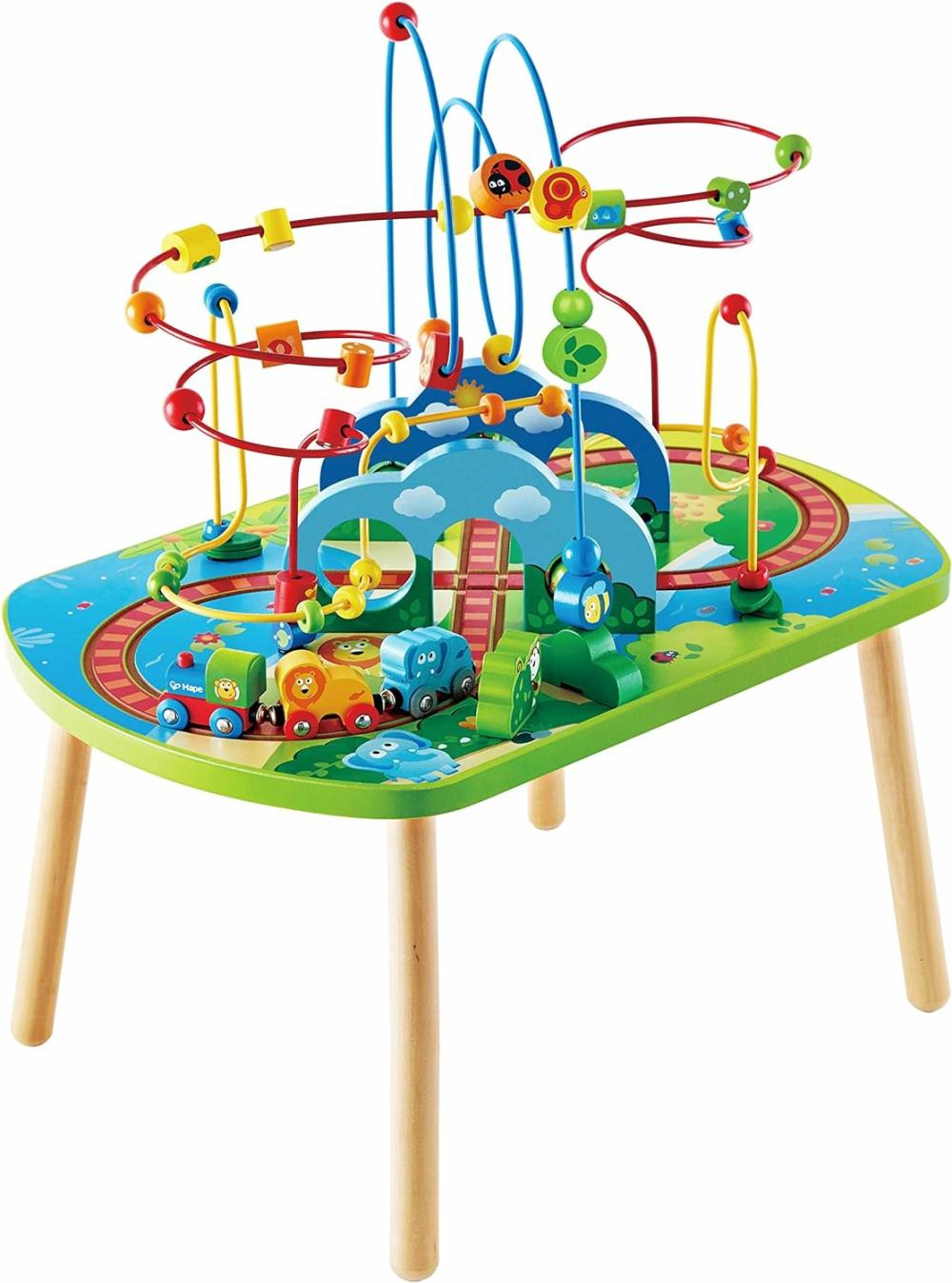 Systèmes de perles  | E3824 Aventure dans la Jungle – Table de Jeu en Bois avec Labyrinthe à Perles et Chemin de Fer pour Enfants de 18 Mois et Plus – Multicolore – Dimensions : 65 cm L x 44,5 cm l x 45,5 cm H