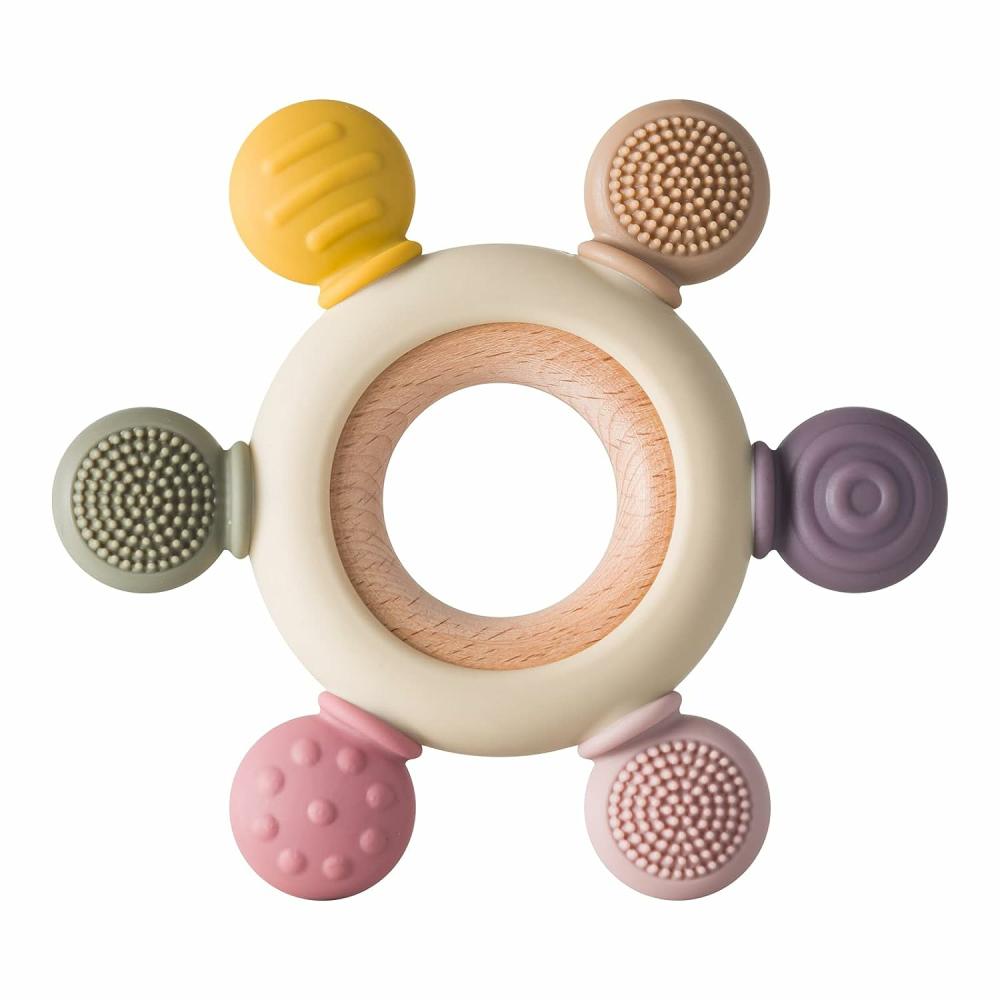 Anneaux de dentition  | Jouets de dentition pour bébés – Sucette en silicone sans BPA avec anneau en bois pour apaiser les gencives des bébés (Kaki)