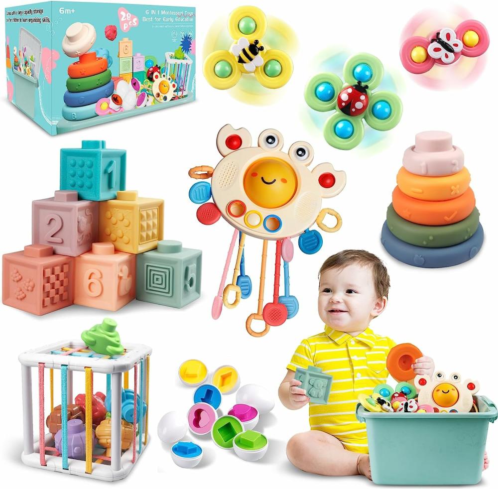 Jouets de tri et d’empilage  | Jouets pour bébés de 6 à 12 mois, bacs sensoriels Montessori pour tout-petits de 1 à 3 ans, hochets à tirer pour nourrissons, jouets de bain, blocs empilables 6 en 1, anneaux, œufs à assortir, jouet à ventouse tournant.