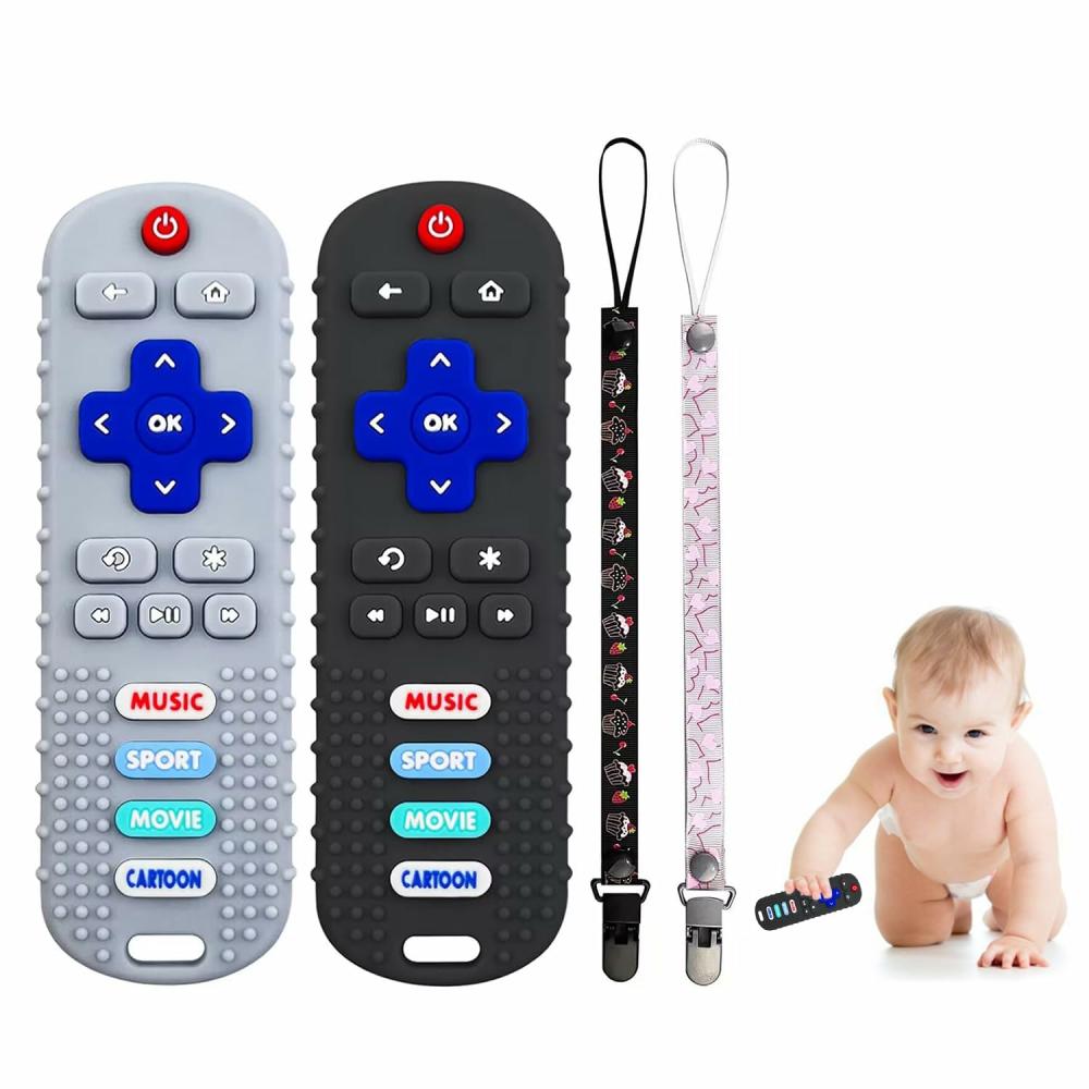 Anneaux de dentition  | Jouet de dentition télécommandé pour bébé en pack de 2 – Jouets en silicone pour bébés de 6 à 36 mois – Jouets de dentition pour garçons et filles (Noir + Gris)