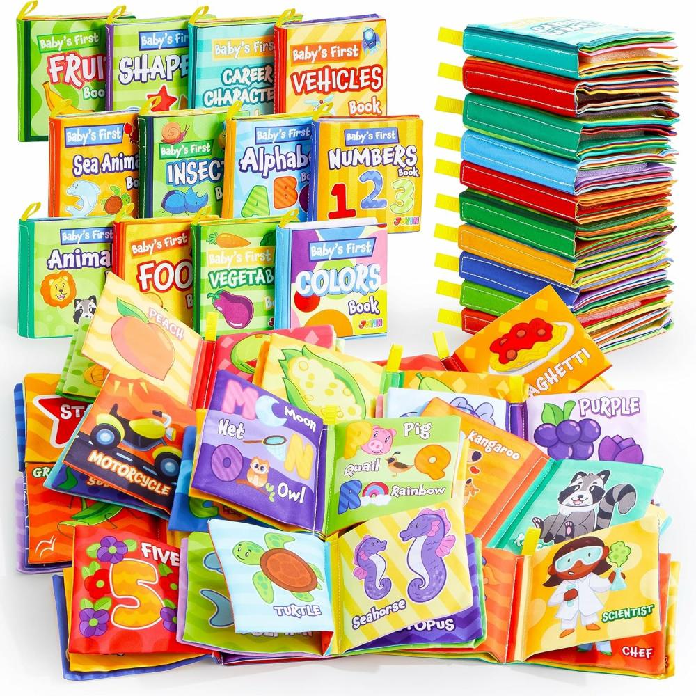 Jouets de bain  | 12 livres de bain en tissu non toxique – 12 pièces – livres en tissu doux et froissés – imperméables – pour baignoire, piscine et éducation précoce – premiers jouets pour bébés, nouveau-nés, tout-petits et enfants – cadeaux d’anniversaire.