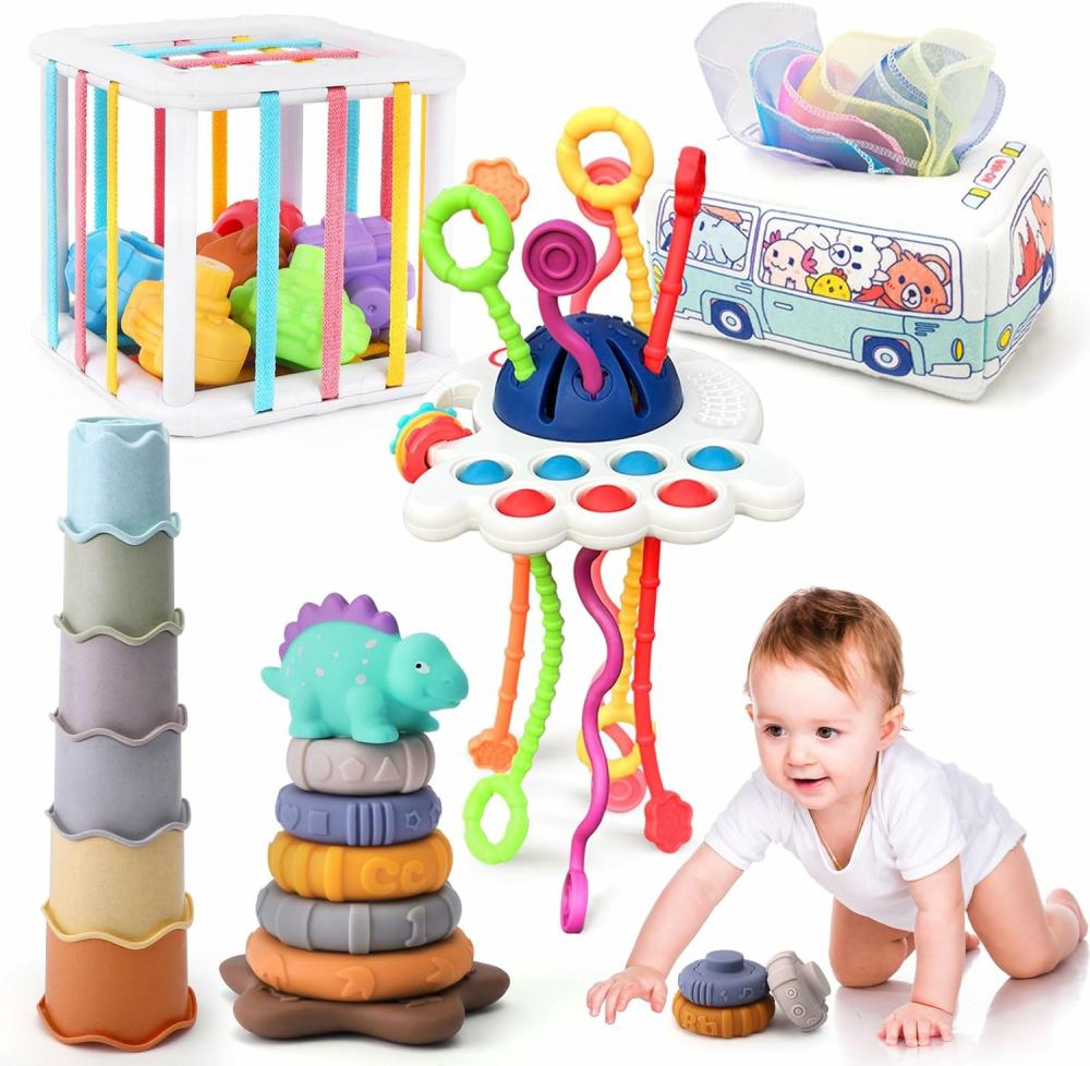 Jouets de tri et d’empilage  | Ensemble de jouets Montessori 5 en 1 pour bébés comprenant un bac à formes avec son, une boîte à mou tissues, des tasses empilables, un jouet à tirer, des anneaux empilables en douceur et des jouets sensoriels pour nourrissons et tout-petits.